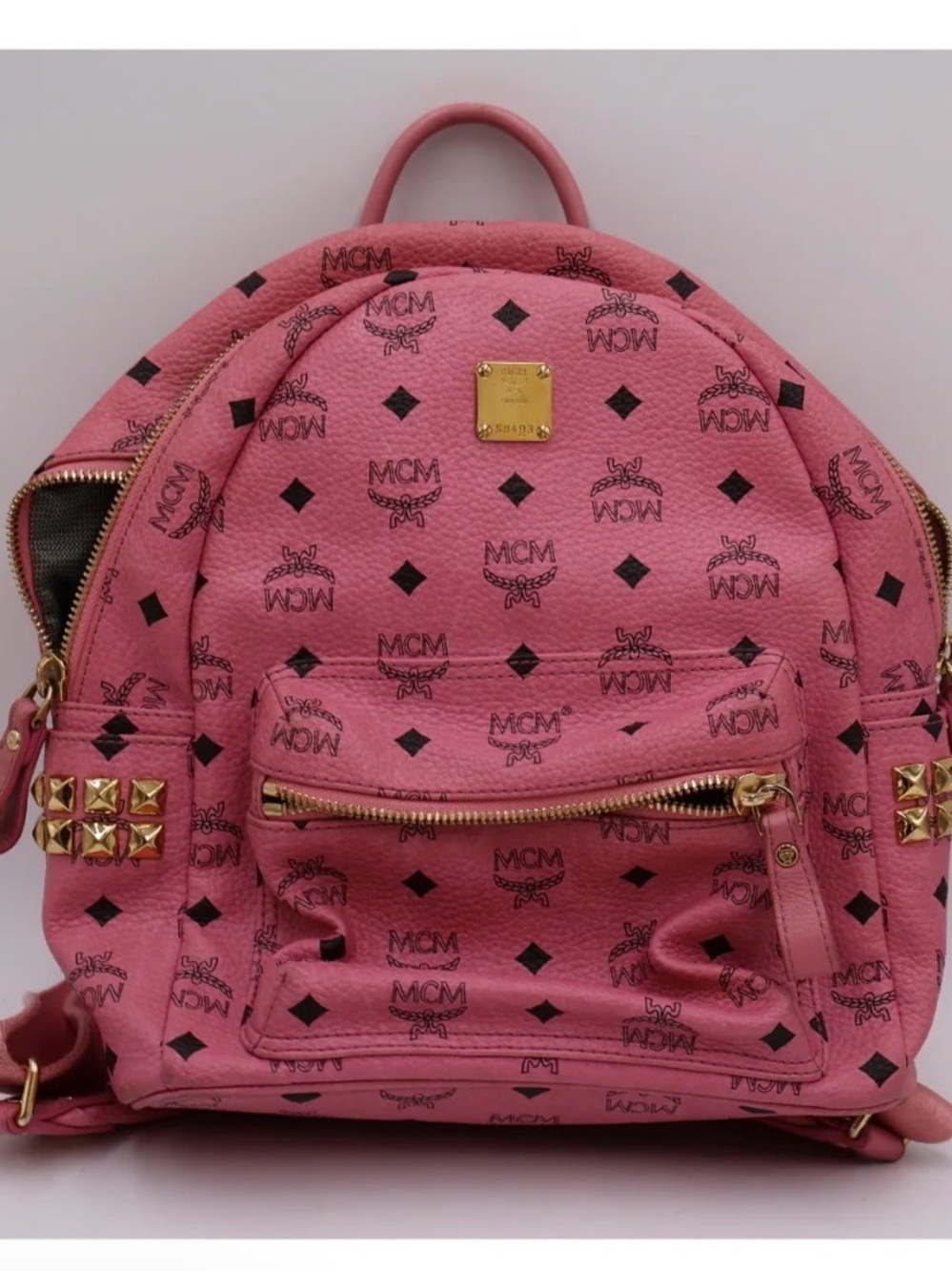 MCM Pink Logo Print Backpack with Gold-Tone Studs Stark Side Stud